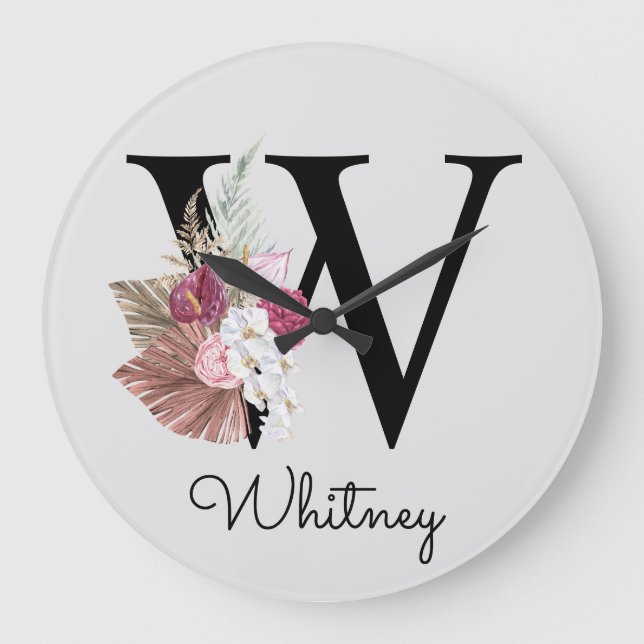 Monogram Rosa Boho Girly Blommigt Initial W Stor Klocka (Framsida)