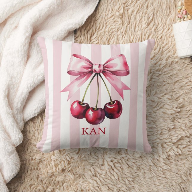 Monogram Rosa Bow Cherries Coquette Aesthetic Kudde (Filt)