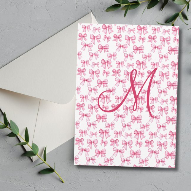 Monogram Rosa Bow Coquette Aesthetic Stationery (Pink bow monogram initial preppy thank you card for her. Bridal shower, or personal)