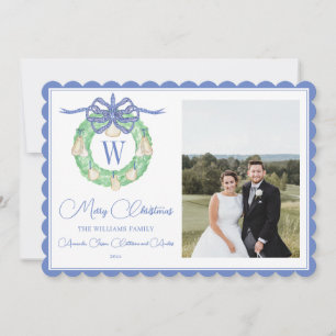 Monogram Rosa Bow Greenery Julfoto Julkort