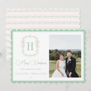 Monogram Rosa Bow Greenery Julfoto Julkort