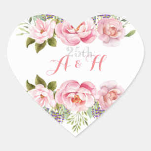 Monogram Rosa Bröllop-årsdag Flower Wandan Hjärtformat Klistermärke