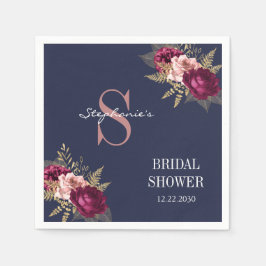 Monogram Rosa Burgundy Guld Blommig Bröllopsdusch Pappersservett