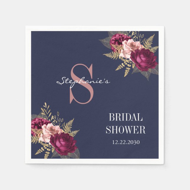 Monogram Rosa Burgundy Guld Blommig Bröllopsdusch Pappersservett (Framsidan)