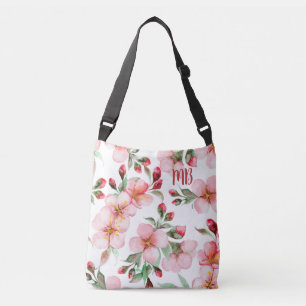 Monogram Rosa Cherry Blommar Watercolor Blommigt Axelväska