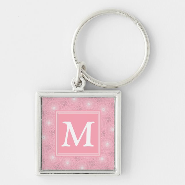 Monogram rosa circles mönster fyrkantig silverfärgad nyckelring (Framsidan)