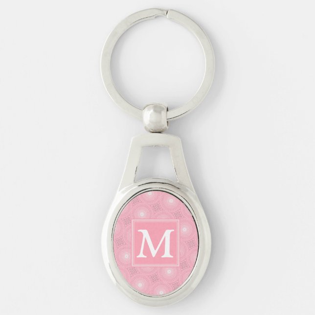 Monogram rosa circles mönster ovalt silverfärgad nyckelring (Framsidan)