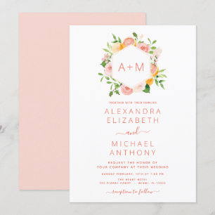 Monogram Rosa Citrus Blommigt Bröllop bjudati Inbjudningar