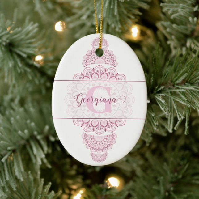 Monogram Rosa Confetti Snöre Ornamental Mandala Julgransprydnad Keramik (Träd)