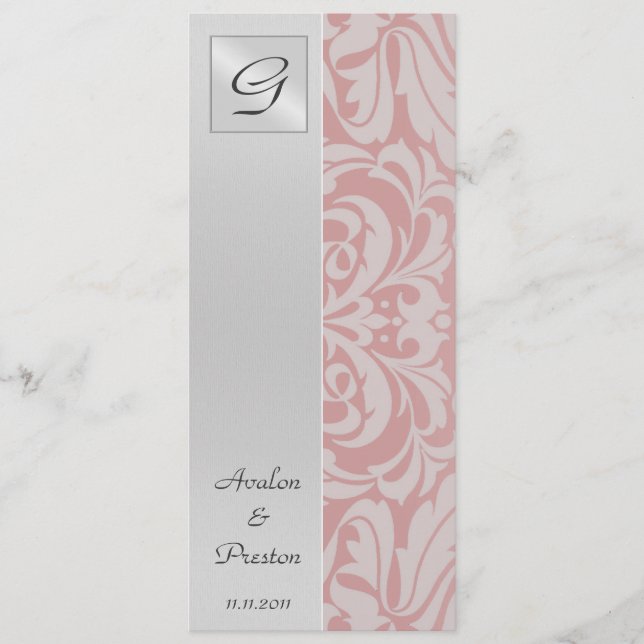 Monogram Rosa Damask Bröllopsprogram Inbjudan (Framsida)