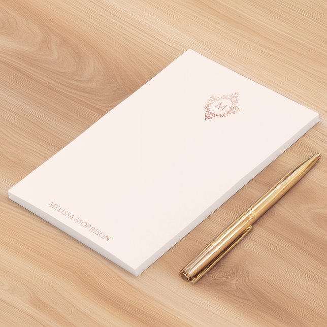 Monogram Rosa Elegant Utsmyckad Roséguld Vapen Post-it Block (Skapare uppladdad)
