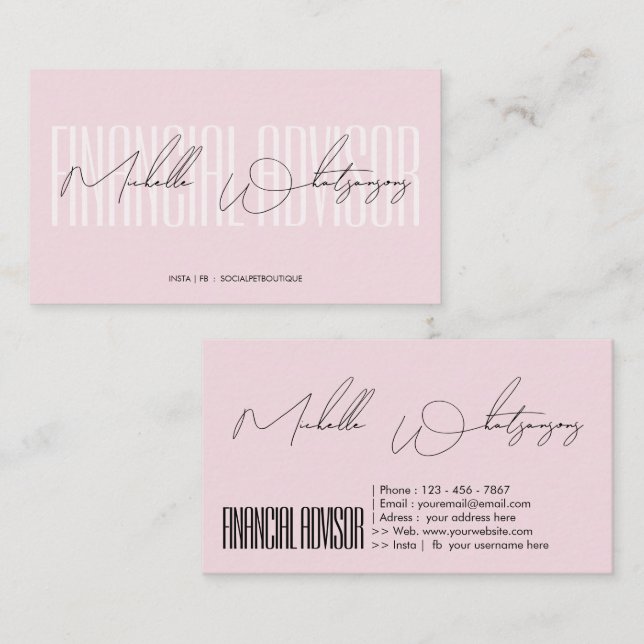 Monogram rosa FINANCIAL ADVISOR modernt skrivsätt Visitkort (Fram/baksida)