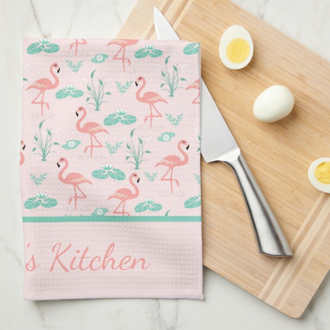 Monogram rosa flamingos gröna palmkvistar Tropisk Kökshandduk (Vikt i Fjärdedel)
