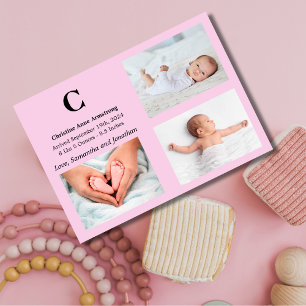 Monogram Rosa Flicka födelsekort Inbjudningar