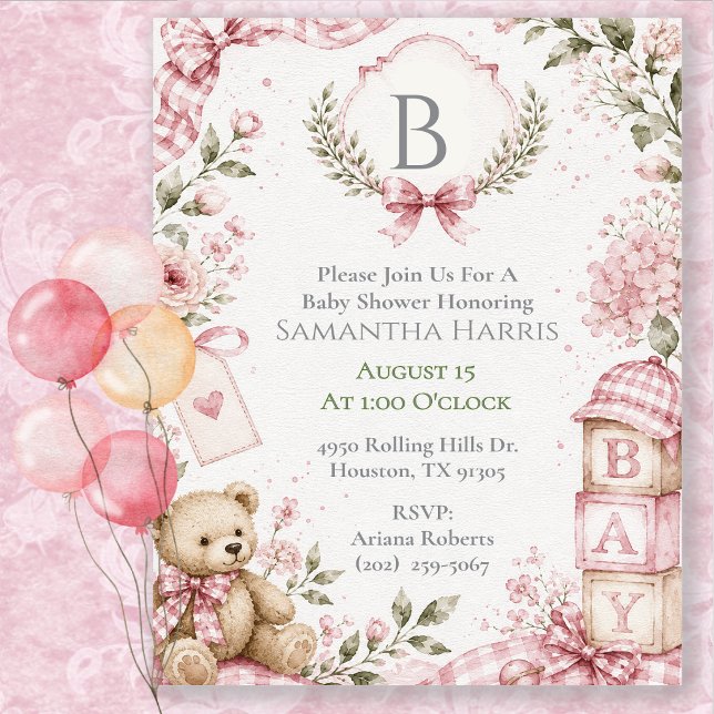 Monogram Rosa Flickor Babygudstjänst  Inbjudningar (Skapare uppladdad)