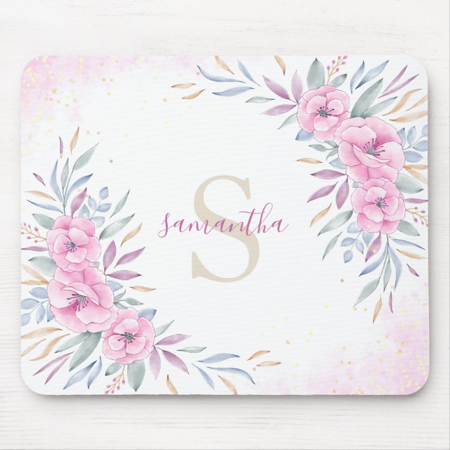 Monogram  Rosa Flowers Watercolor Cute Boho Musmatta (Framsidan)