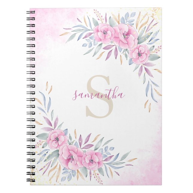 Monogram  Rosa Flowers Watercolor Elegant Anteckningsbok (Framsidan)