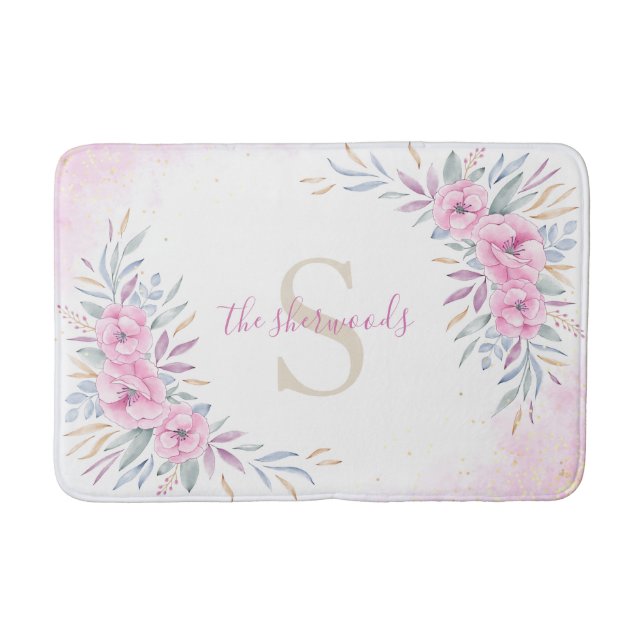Monogram  Rosa Flowers Watercolor Elegant Badrumsmatta (Framsidan)