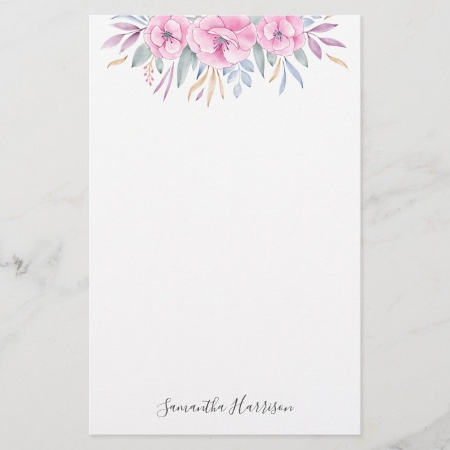 Monogram  Rosa Flowers Watercolor Elegant Brevpapper (Framsida)