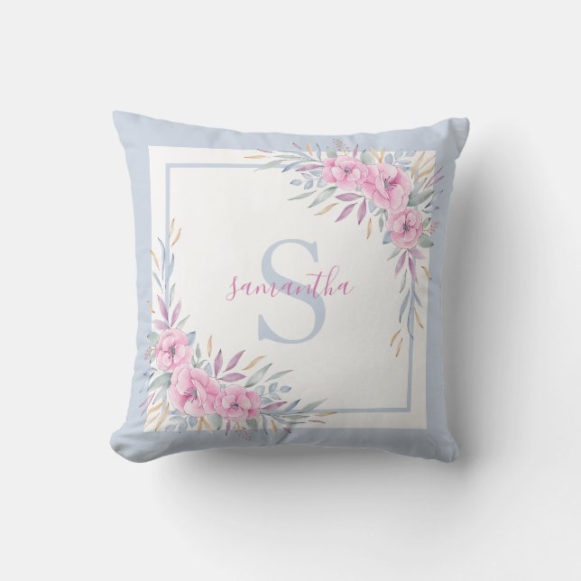 Monogram  Rosa Flowers Watercolor Elegant Kudde (Framsida)