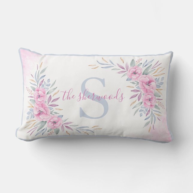 Monogram  Rosa Flowers Watercolor Elegant Lumbarkudde (Framsida)