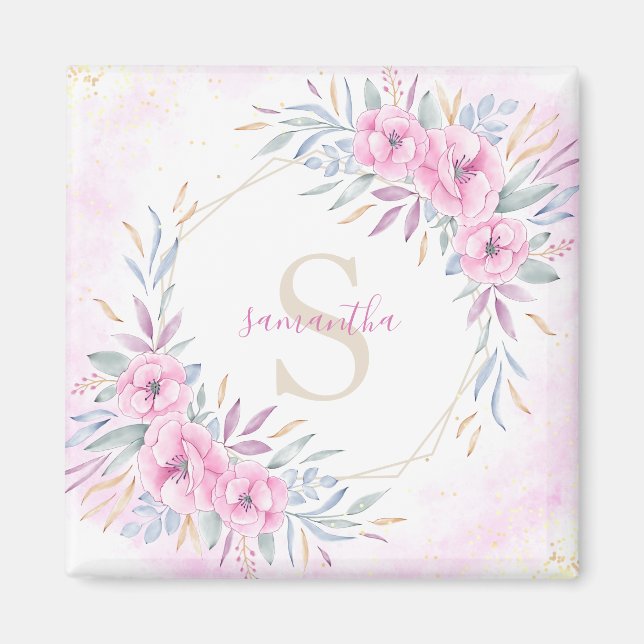 Monogram  Rosa Flowers Watercolor Elegant Magnet (Framsidan)