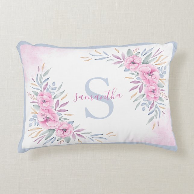Monogram  Rosa Flowers Watercolor Elegant Prydnadskudde (Framsidan)