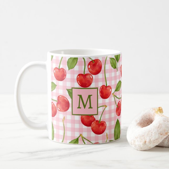 Monogram Rosa Gingham & Cherries Mugg (Med munk)