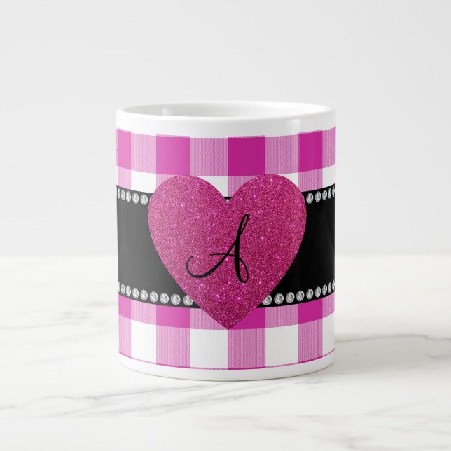 MONOGRAM Rosa gingham mönster hjärta Jumbo Mugg (Framsidan)