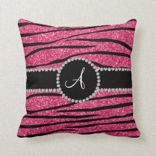Monogram rosa glitter zebra ränder kudde