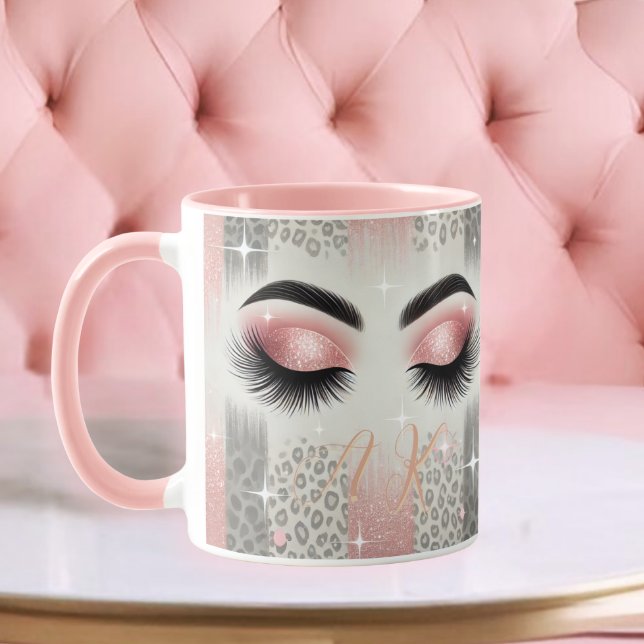 Monogram rosa glitterögonfransar  mugg ( Luxe sparkle mug with glam pink glitter lashes — perfect birthday or beauty gift)