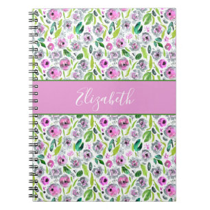 Monogram Rosa Grå Grön Boho Vattenfärg Blommig Anteckningsbok
