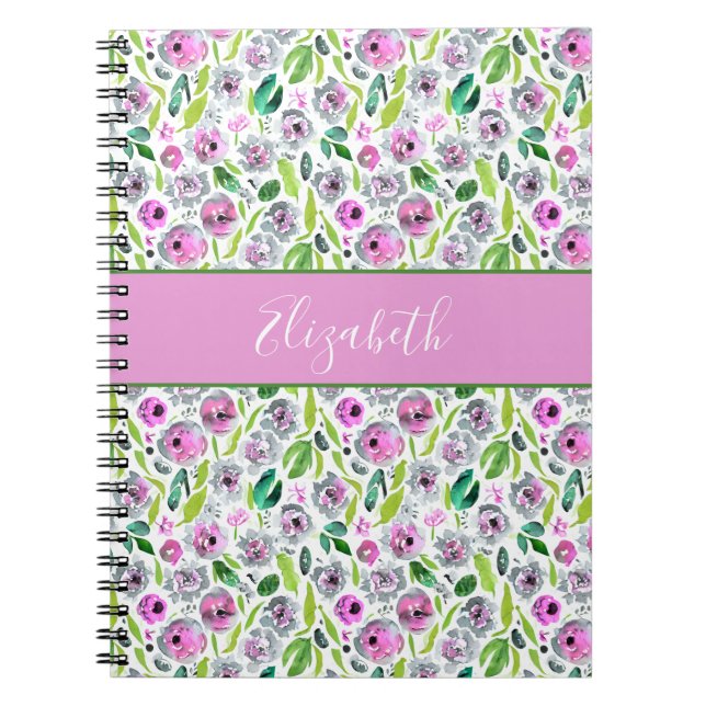 Monogram Rosa Grå Grön Boho Vattenfärg Blommig  Anteckningsbok (Framsidan)