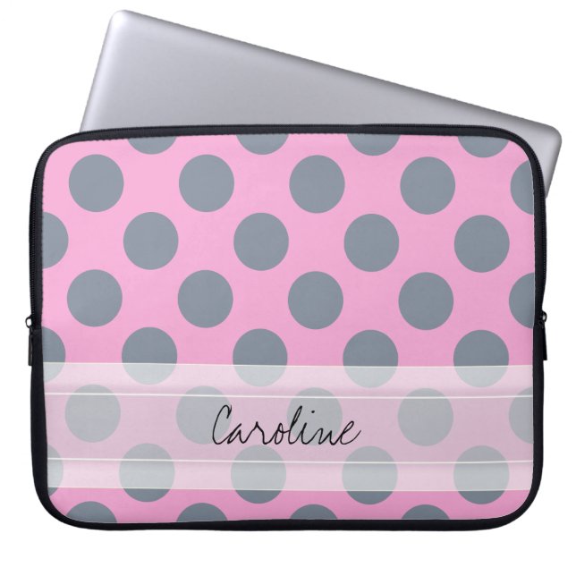 Monogram Rosa Grått Chic Polka Dot Mönster Laptop Sleeve (Framsidan)