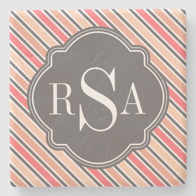 Monogram Rosa Grått White Rand Mönster Underlägg Sten (Framsidan)