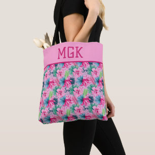 Monogram Rosa Grön Blå Blommig Ljus Tropisk   Tygkasse