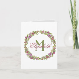 Monogram Rosa Grön Blommig Efternamn Tack Anteckningskort