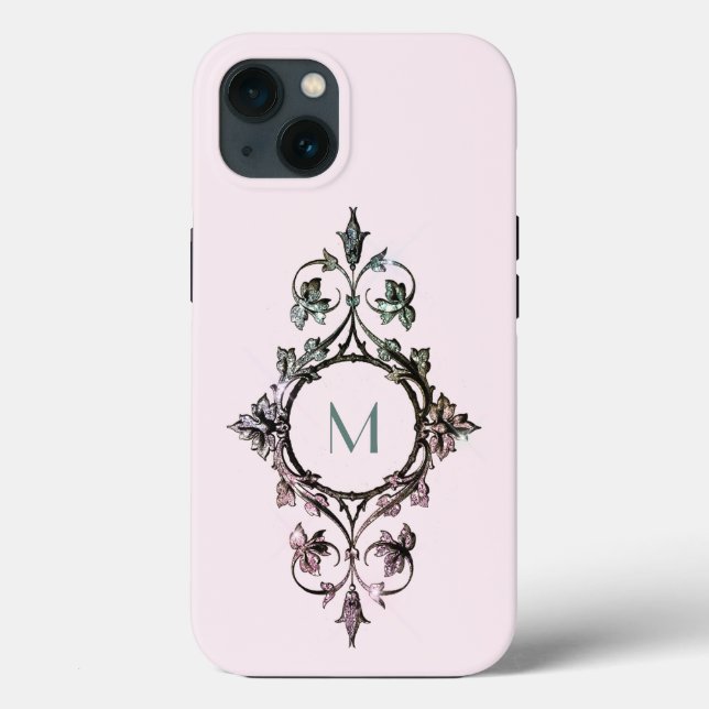 Monogram Rosa Grön Flourish Chic Ornamenterad Femi (Baksida)