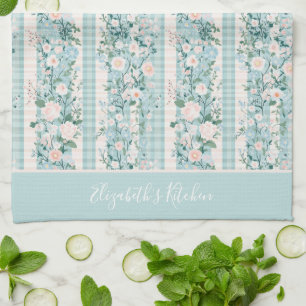 Monogram Rosa Grön Pastell Blommig Gingham Ränder Kökshandduk