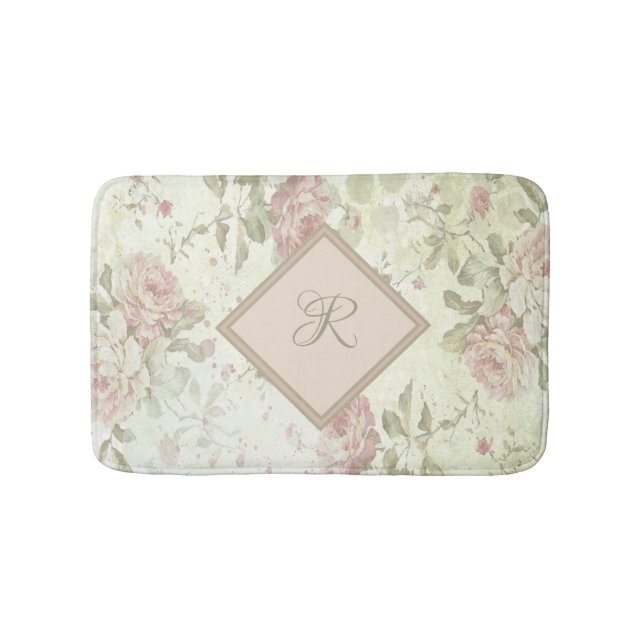 Monogram Rosa Grönt Blommigt Shabby chic Rosa ros Badrumsmatta (Framsidan)