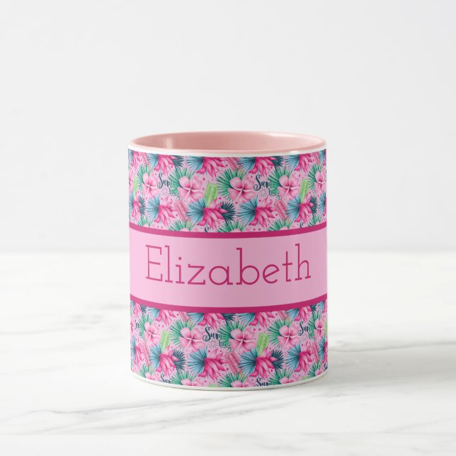 Monogram Rosa Grönt Blue Tropical Flowers Mugg (Center)