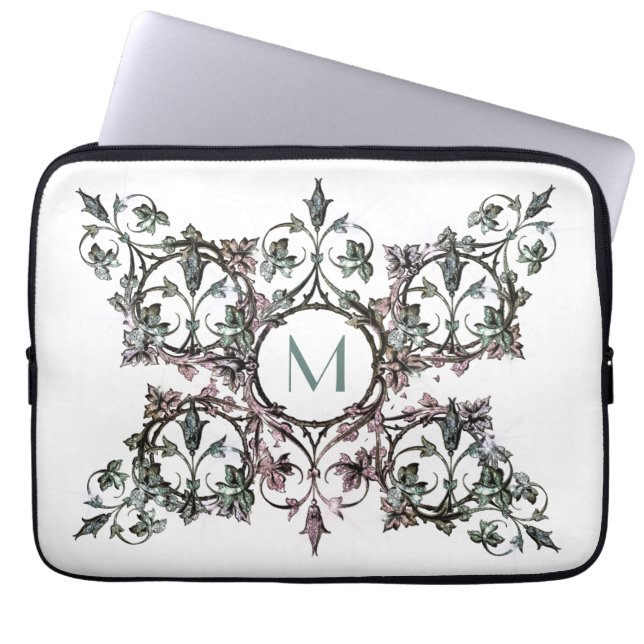 Monogram Rosa Grönt Flourish Shabby chic Ornate Laptop Fodral (Framsidan)