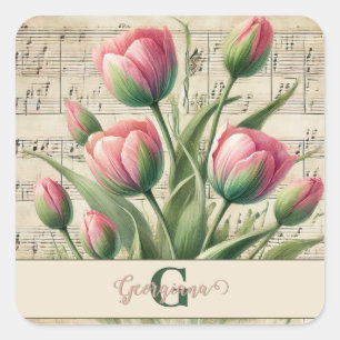 Monogram Rosa & Grönt Vintage Tulips Lakan Music Fyrkantigt Klistermärke