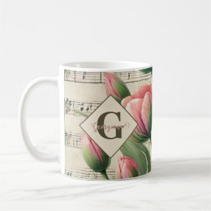 Monogram Rosa & Grönt Vintage Tulips Lakan Music Kaffemugg