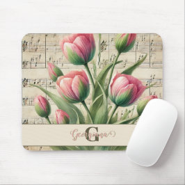Monogram Rosa & Grönt Vintage Tulips Lakan Music Musmatta