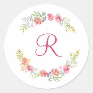 Monogram Rosa Gul Grön Blommig Akvarell Runt Klistermärke