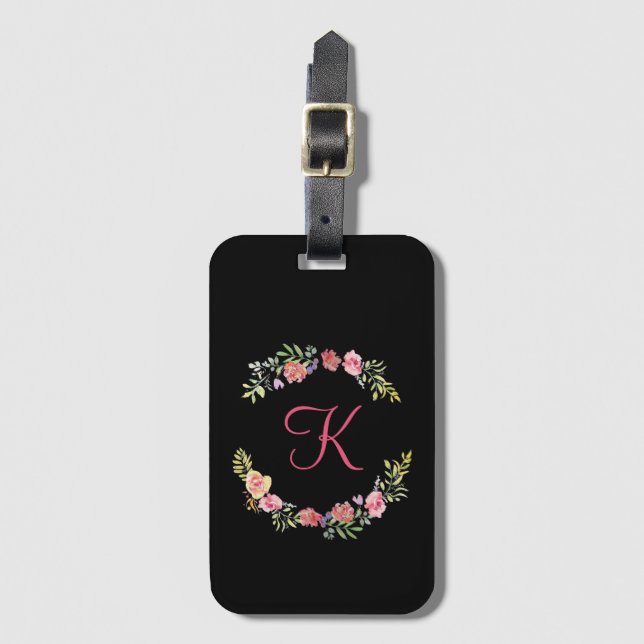 Monogram Rosa, Gul och Grön Blommig Akvarell Bagagebricka (Framsida vertikal)