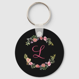 Monogram Rosa, Gul och Grön Blommig Akvarell Nyckelring