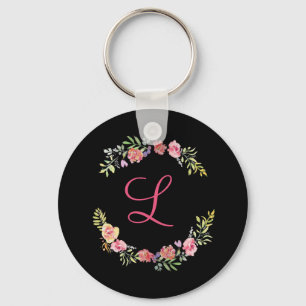 Monogram Rosa, Gul och Grön Blommig Akvarell Nyckelring