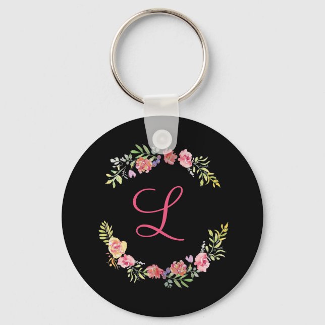 Monogram Rosa, Gul och Grön Blommig Akvarell  Nyckelring (Framsida)